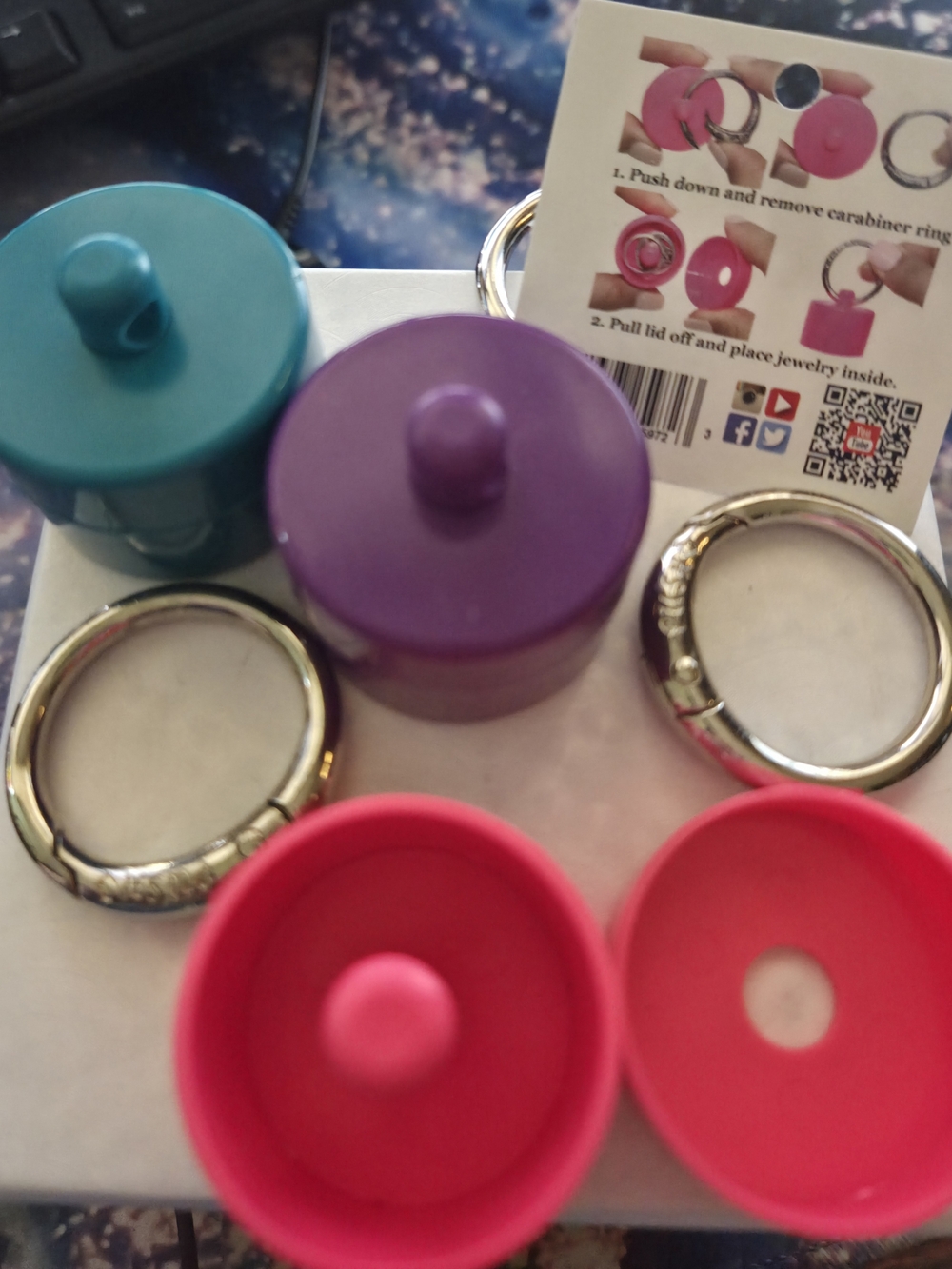 Silicone Jewelry Capsule Keychain - Purple, Teal & Pink